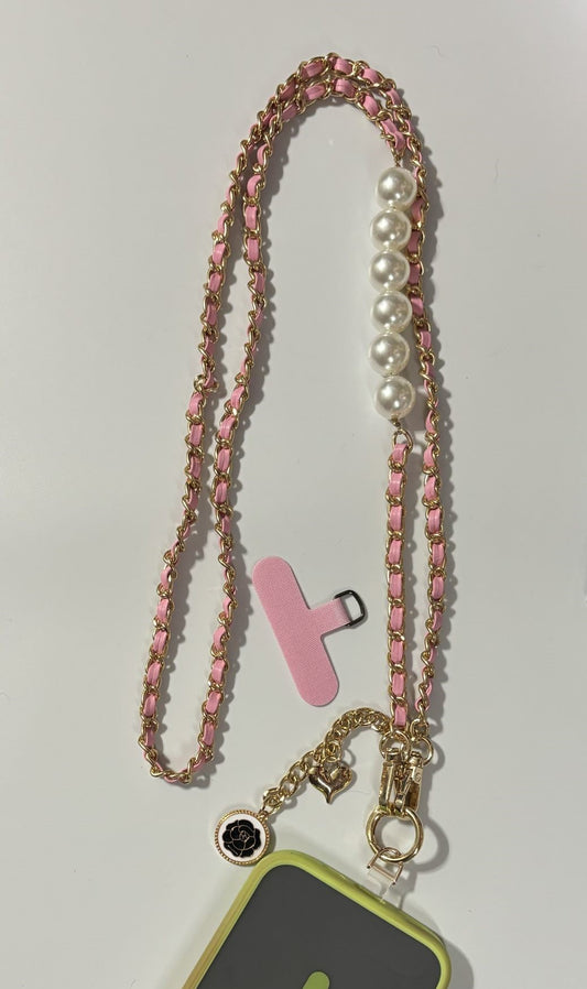 Gold chain, pink leather, pearl phone crossbody lanyard