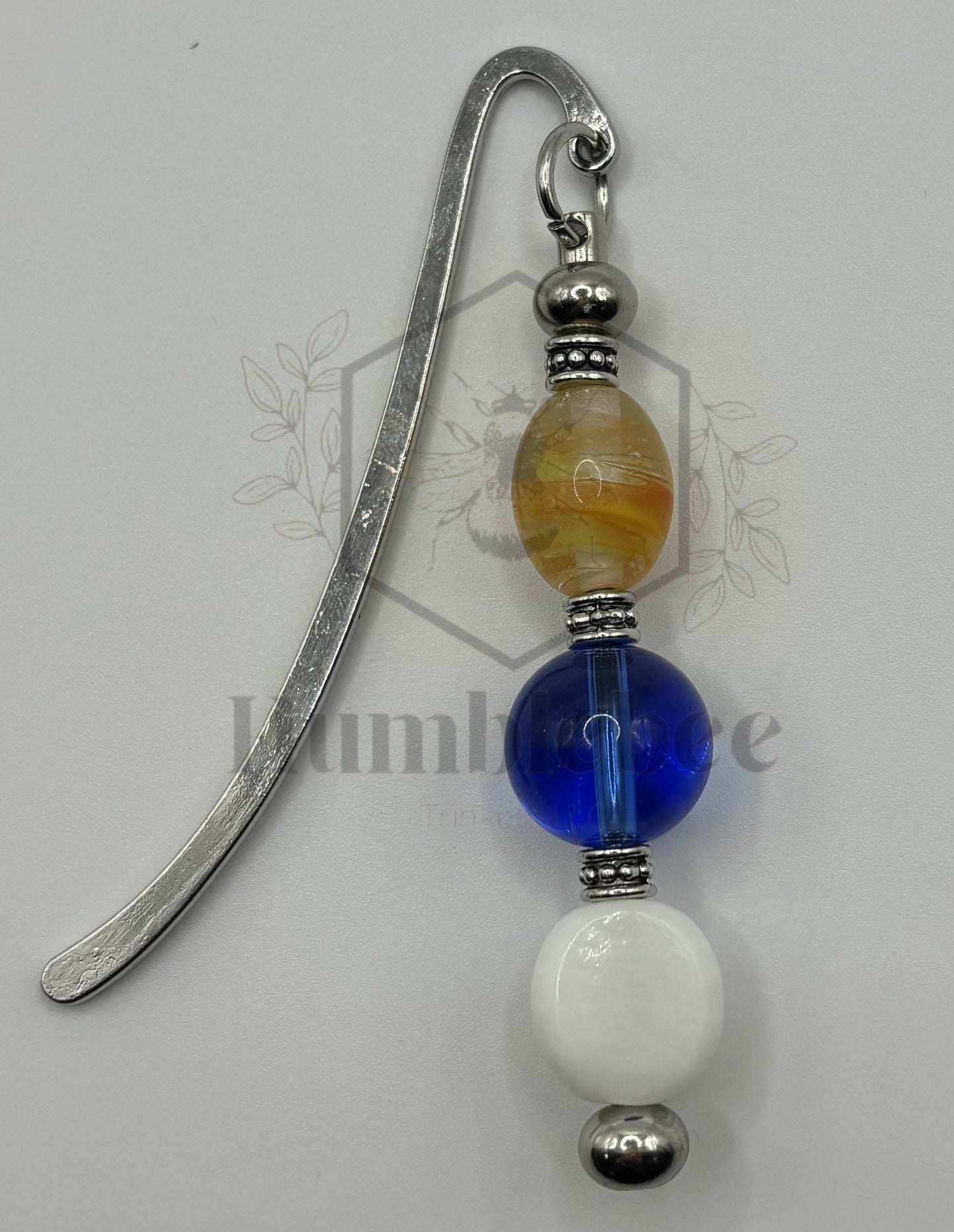 White Blue and Yellow beaded bookmark